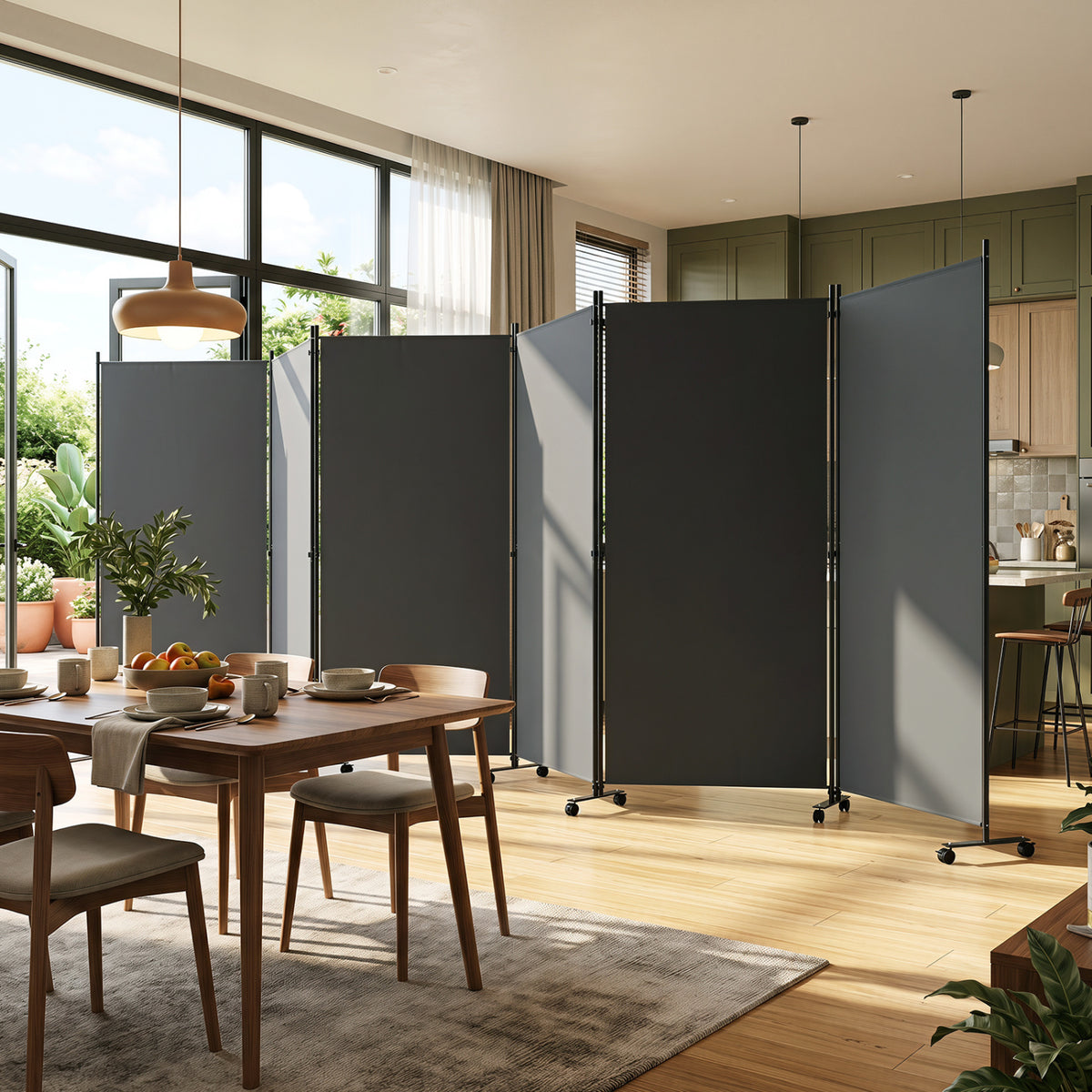 6 Panel Folding Privacy Screen Room Divider with Wheels-Gray