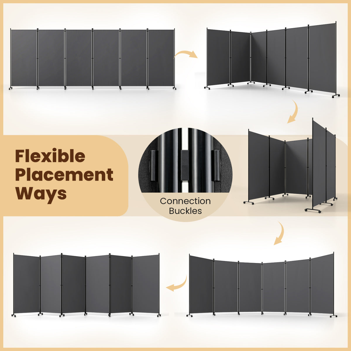 6 Panel Folding Privacy Screen Room Divider with Wheels-Gray