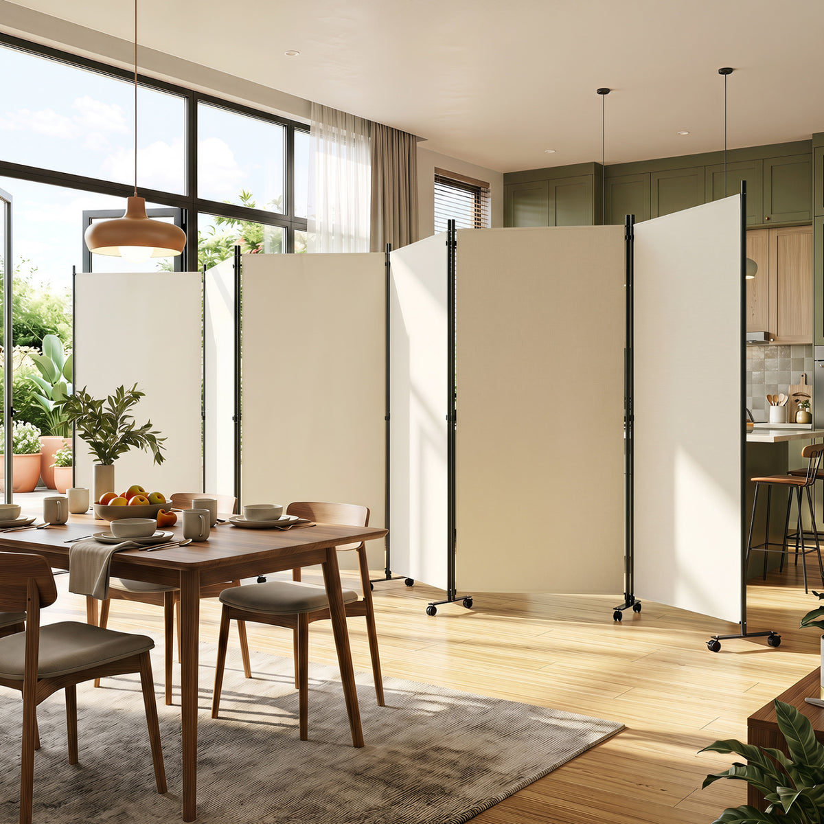 6 Panel Folding Privacy Screen Room Divider with Wheels-White