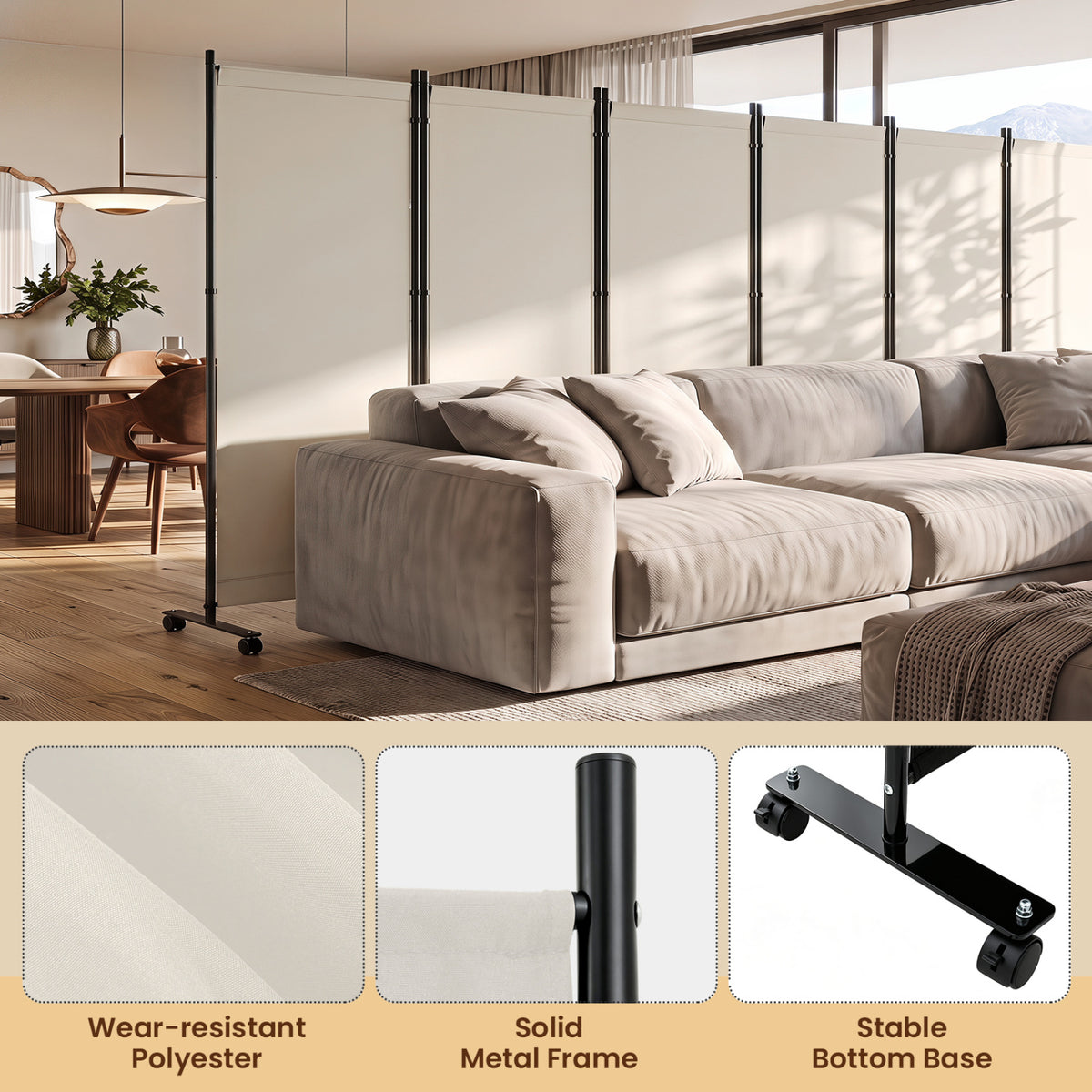 6 Panel Folding Privacy Screen Room Divider with Wheels-White