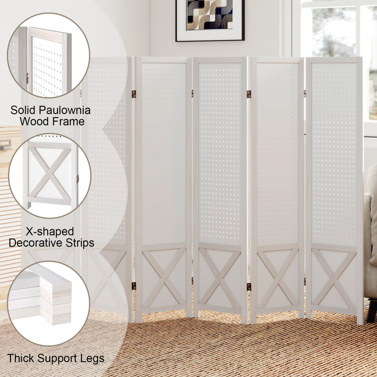 6-Panel Pegboard Room Divider 67 Inches Tall Foldable Privacy Screen