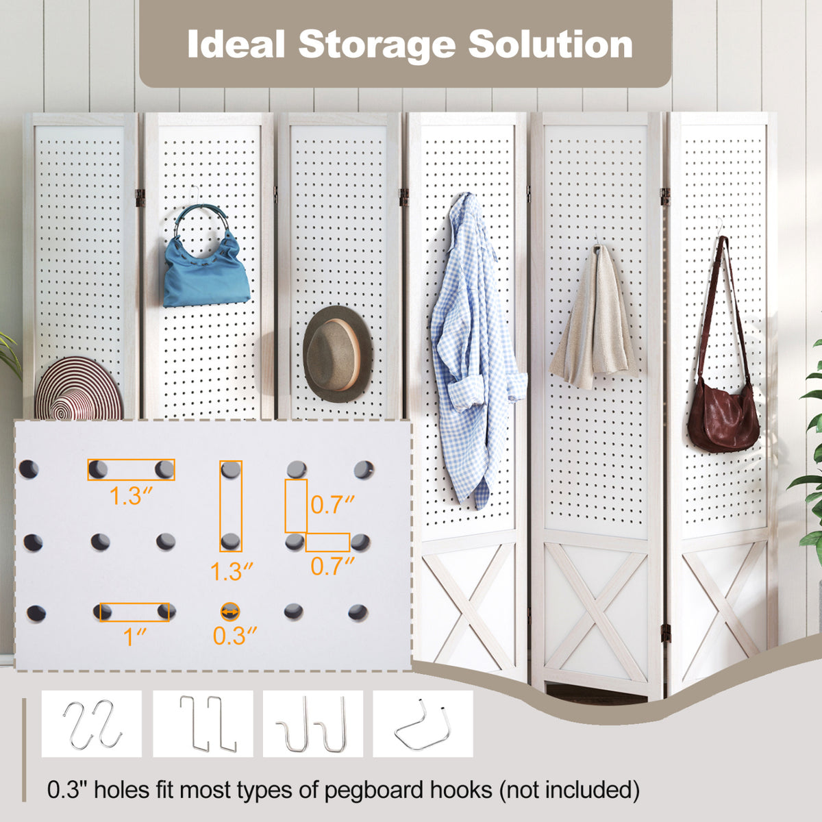 6-Panel Pegboard Room Divider 67 Inches Tall Foldable Privacy Screen