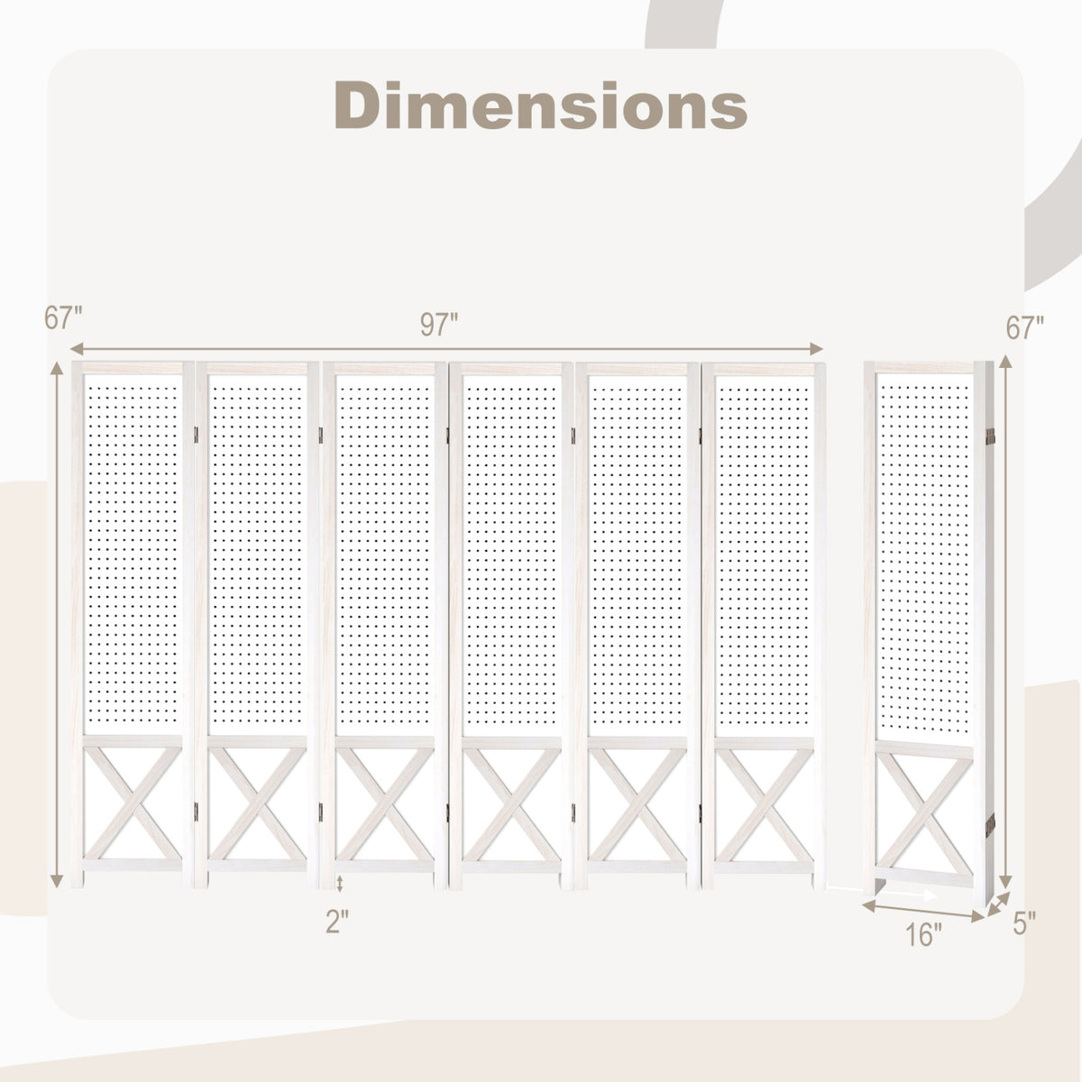 6-Panel Pegboard Room Divider 67 Inches Tall Foldable Privacy Screen