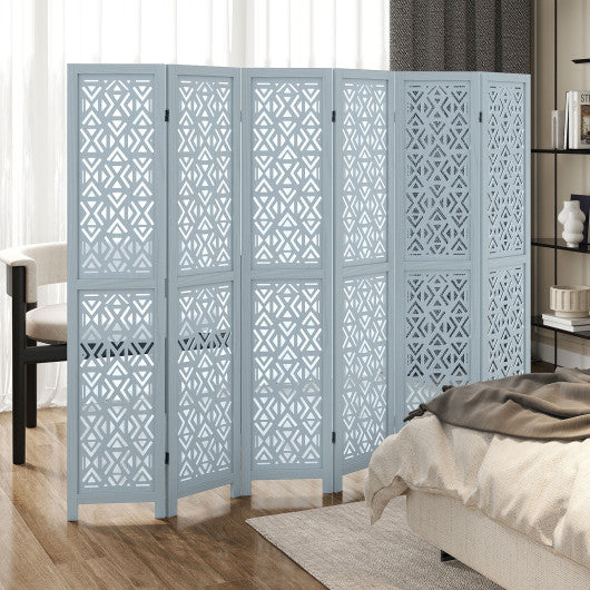 4/6 Panel Wooden Room Divider with Carved Cutout Pattern and Solid Wood Frame-6 Panel