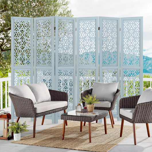 4/6 Panel Wooden Room Divider with Carved Cutout Pattern and Solid Wood Frame-6 Panel