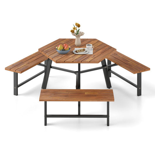 6 Person Acacia Wood Picnic Table Bench Set with 3 Seats