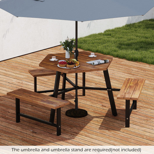 6 Person Acacia Wood Picnic Table Bench Set with 3 Seats