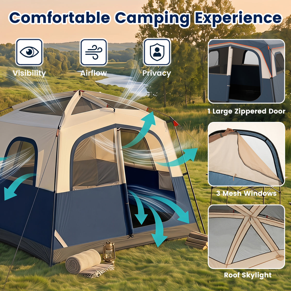 6-Person Camping Tent Easy Setup Family Cabin Tent with Top Rainfly Mesh Windows-Blue