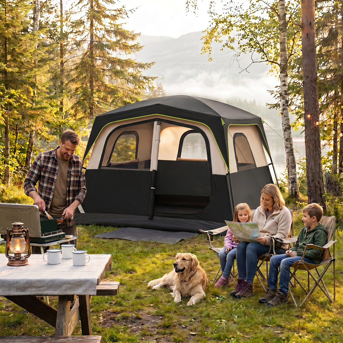 6-Person Camping Tent Easy Setup Family Cabin Tent with Top Rainfly Mesh Windows-Black