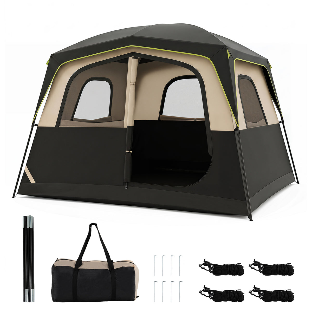 6-Person Camping Tent Easy Setup Family Cabin Tent with Top Rainfly Mesh Windows-Black