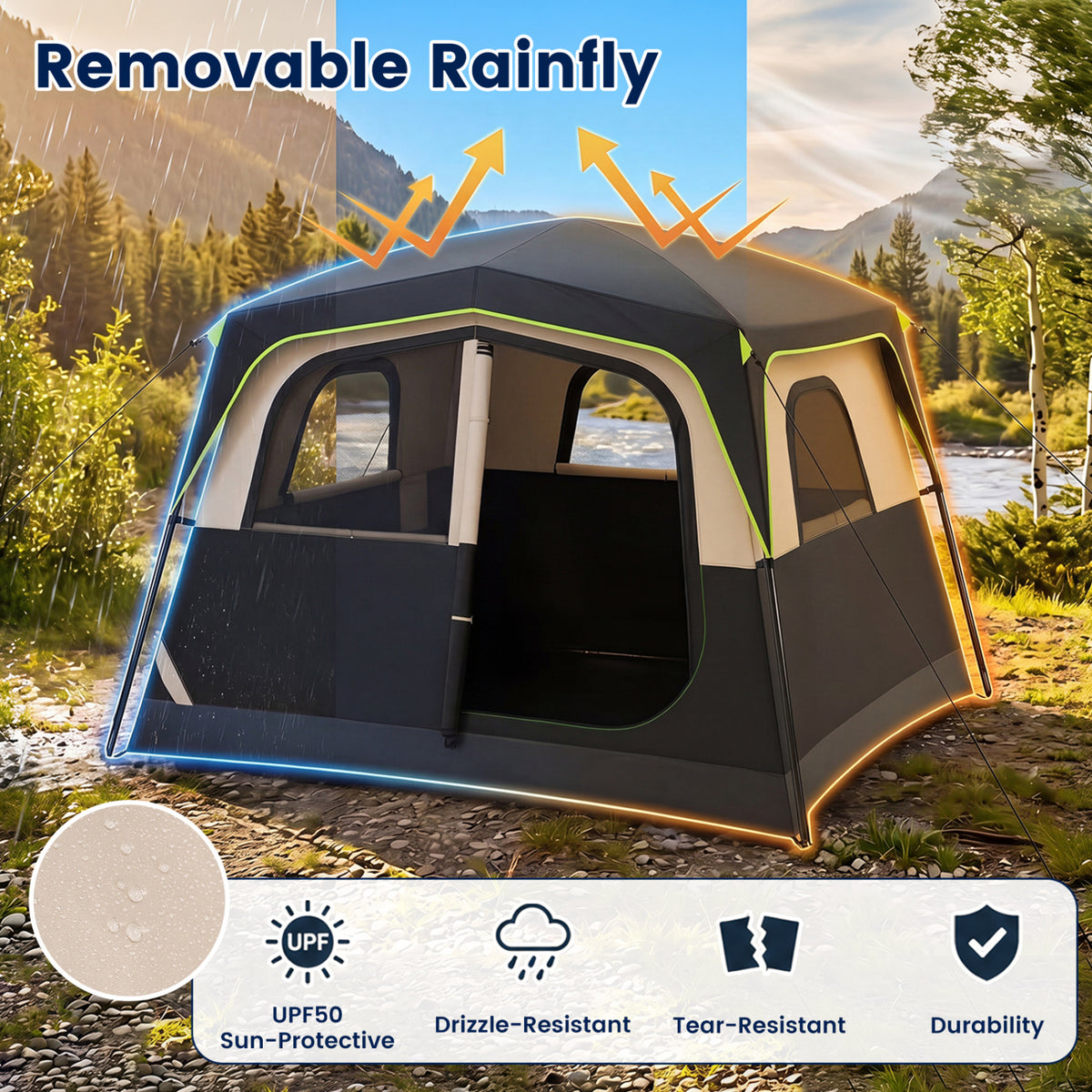 6-Person Camping Tent Easy Setup Family Cabin Tent with Top Rainfly Mesh Windows-Black