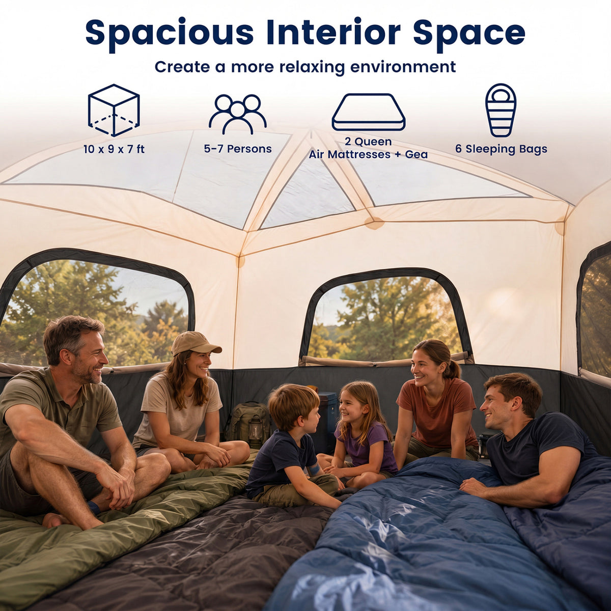 6-Person Camping Tent Easy Setup Family Cabin Tent with Top Rainfly Mesh Windows-Black