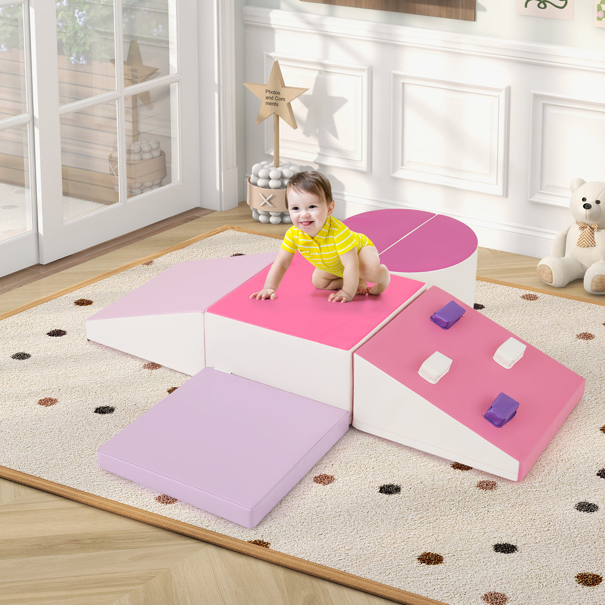 6-Piece Soft Play Set for Toddlers with Climbing Triangle and Ramp-Pink