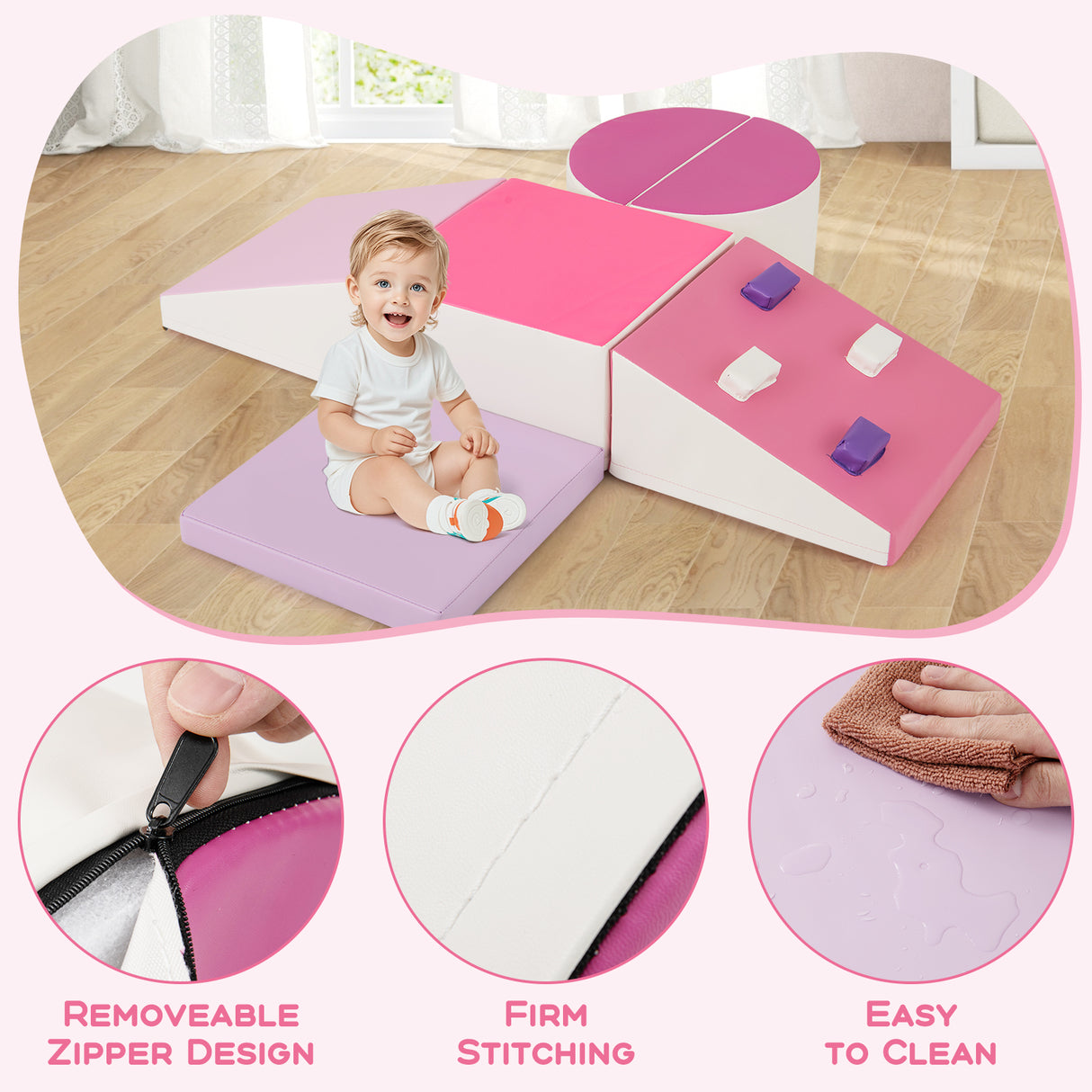 6-Piece Soft Play Set for Toddlers with Climbing Triangle and Ramp-Pink