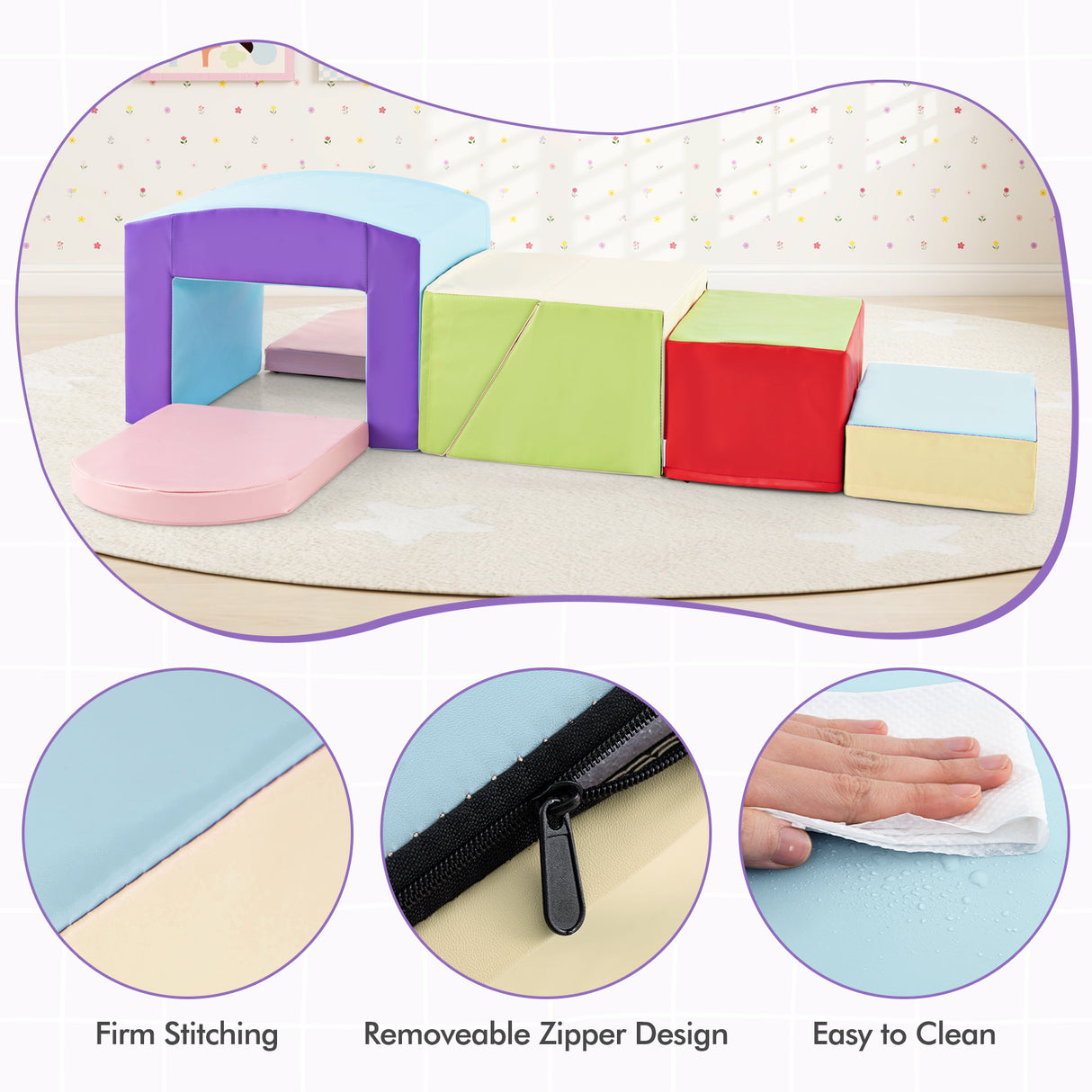 6 Pieces Foam Climbing Blocks Soft Play Climbing for Toddlers with Tunnel-Beige