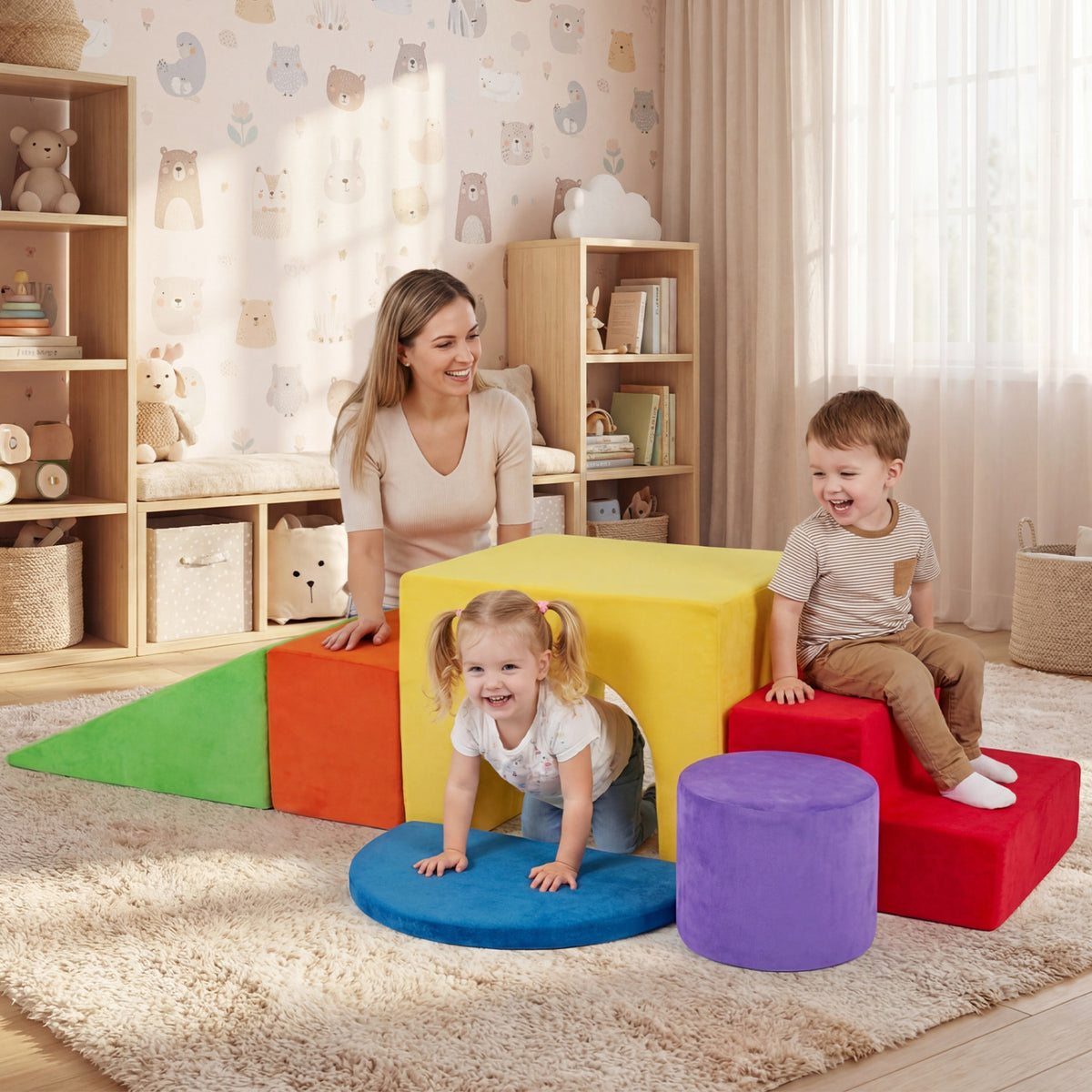 6 Pieces Foam Climbing Blocks for Kids with Slide and Tunnel-Red