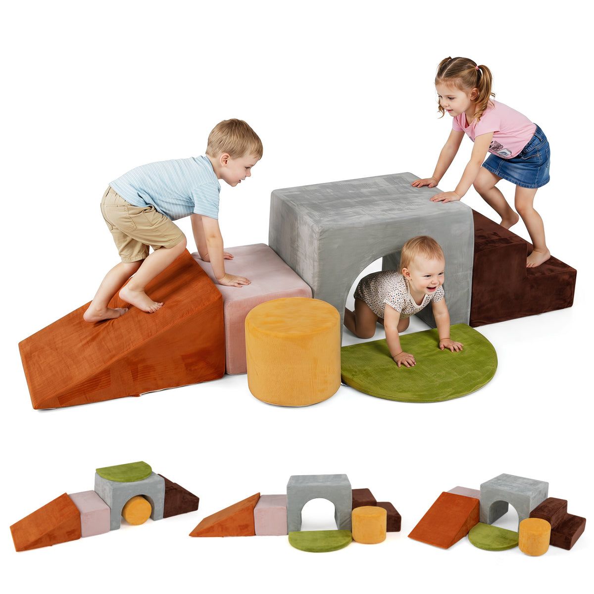 6 Pieces Foam Climbing Blocks for Kids with Slide and Tunnel-Gray