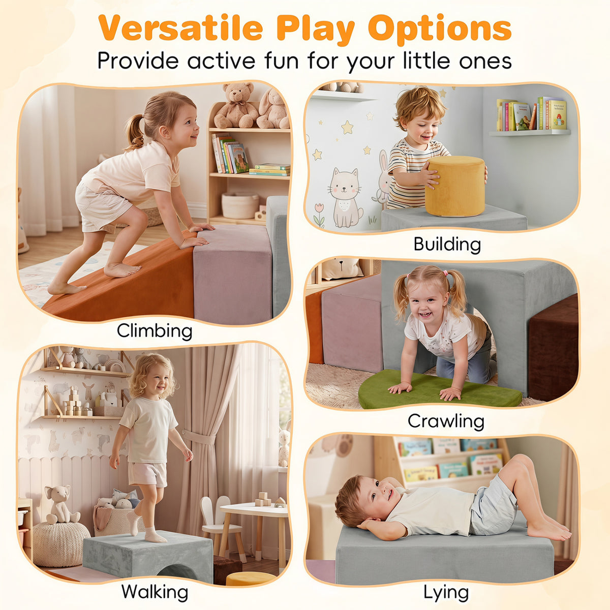 6 Pieces Foam Climbing Blocks for Kids with Slide and Tunnel-Gray