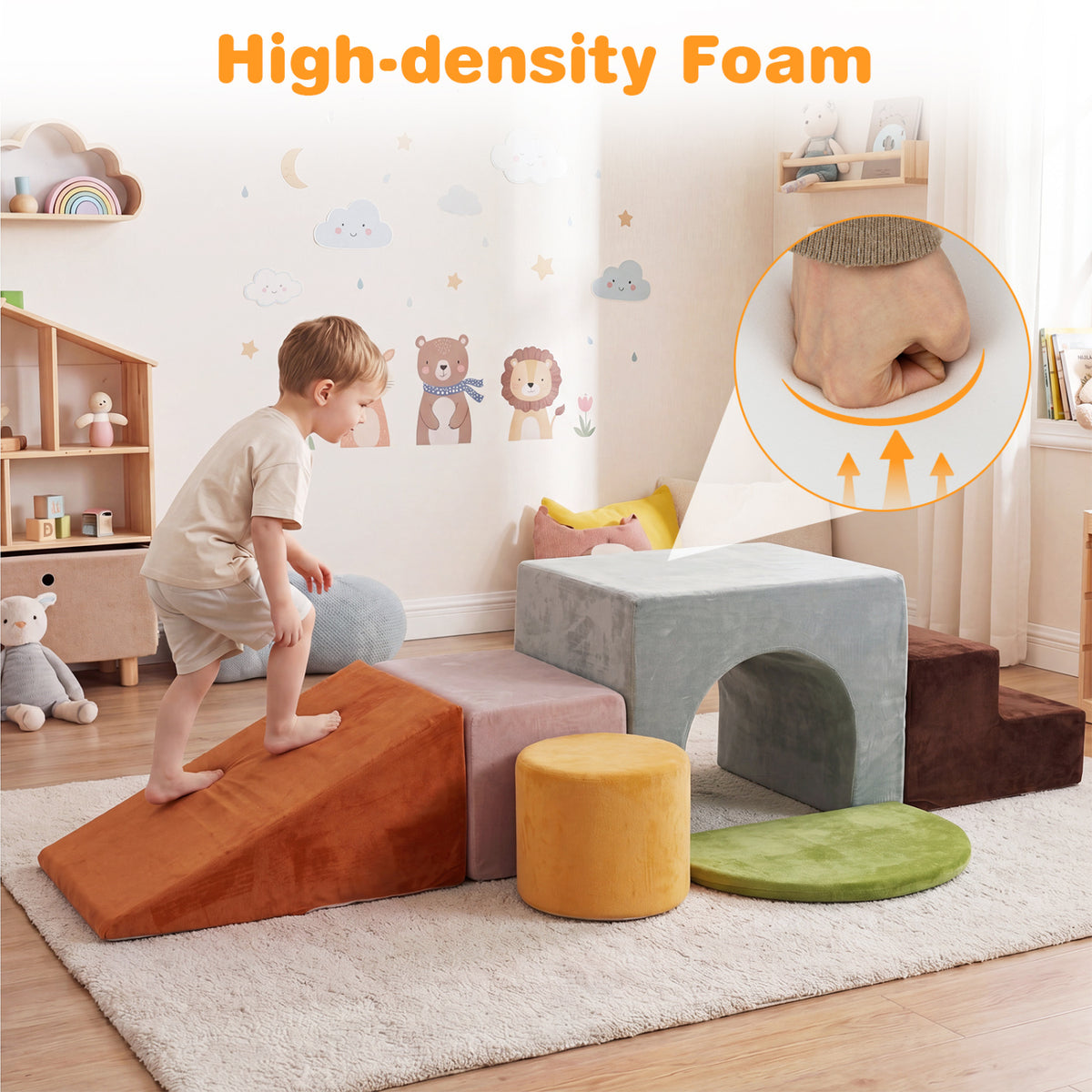 6 Pieces Foam Climbing Blocks for Kids with Slide and Tunnel-Gray