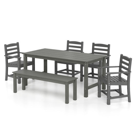 6 Pieces Patio Dining Bench Set Outdoor HDPE Weather Resistant Table and Chairs Set-Grey
