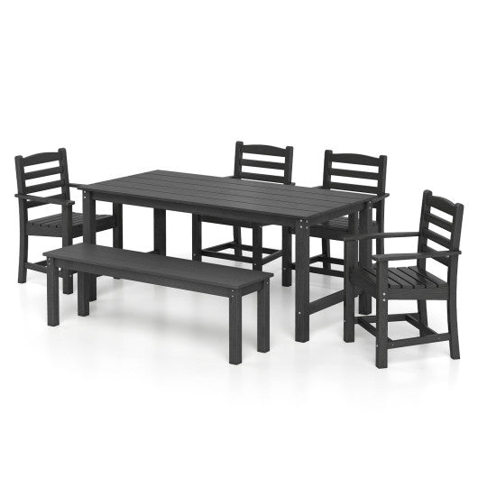 6 Pieces Patio Dining Bench Set Outdoor HDPE Weather Resistant Table and Chairs Set-Black