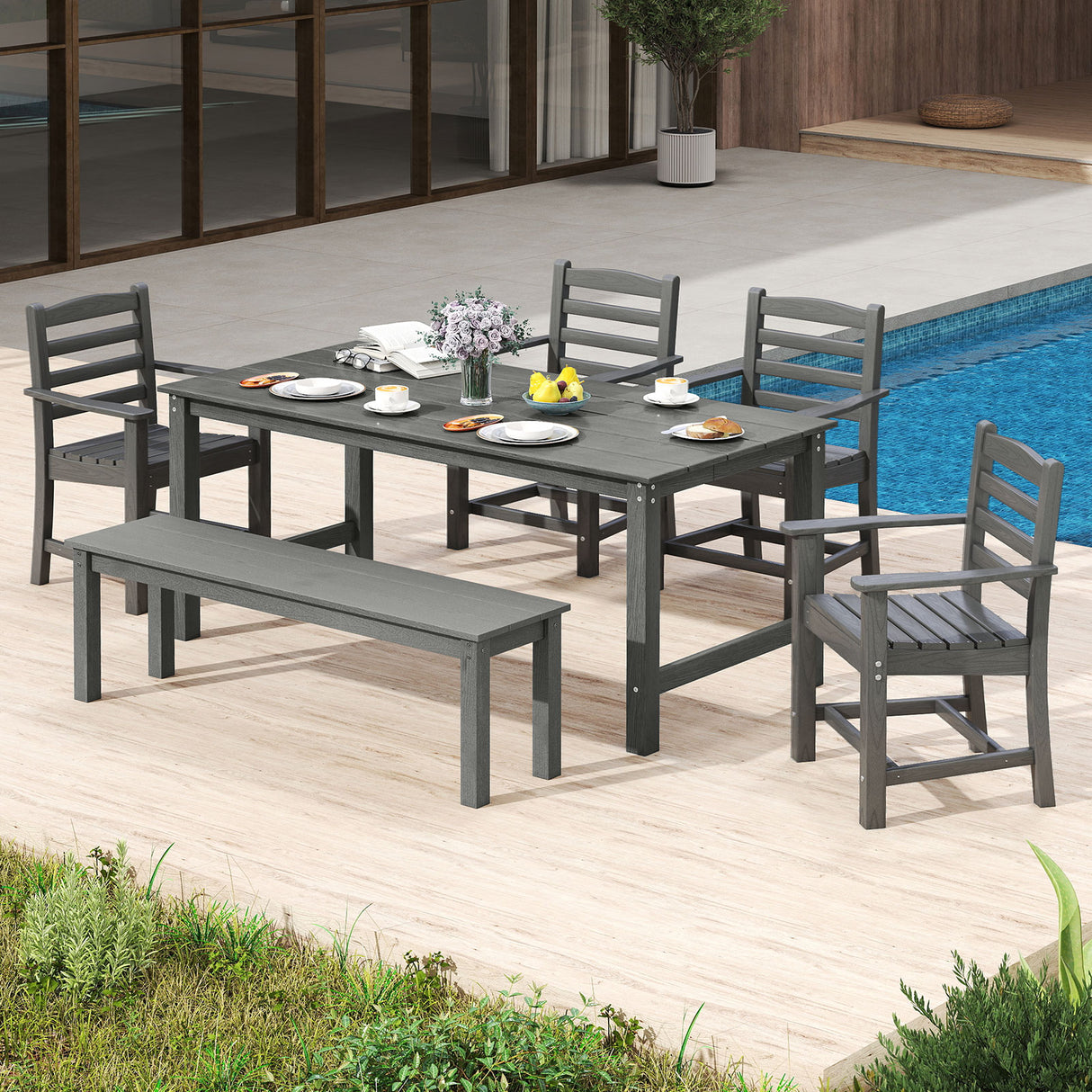 6 Pieces Patio Dining Bench Set Outdoor HDPE Weather Resistant Table and Chairs Set-Grey