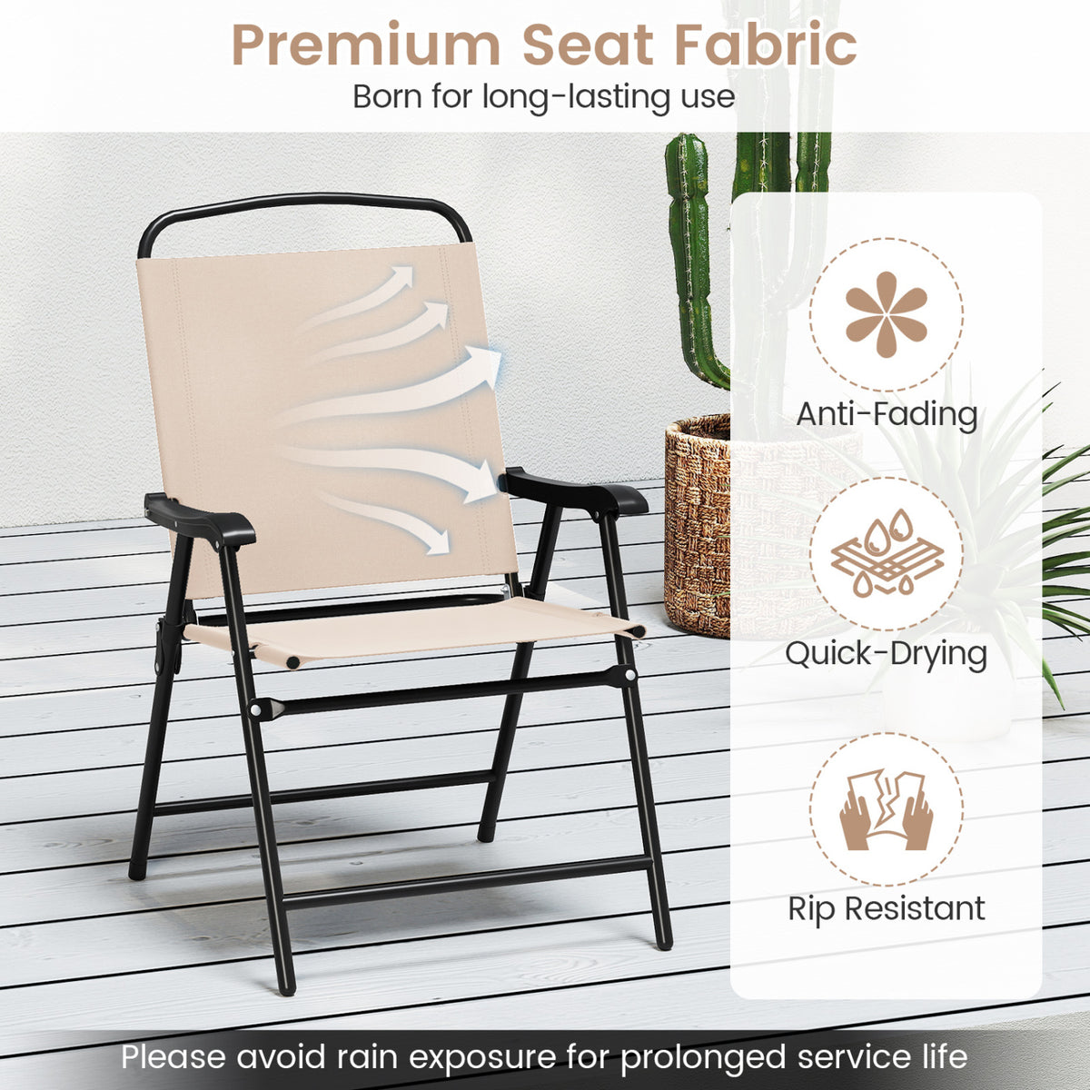 6 Pieces Patio Dining Set with Umbrella and 4 Folding Armchairs-Beige