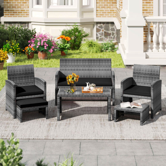 6 Pieces Patio Furniture Set Outdoor Sectional Conversation PE Rattan Sofa Set-Black