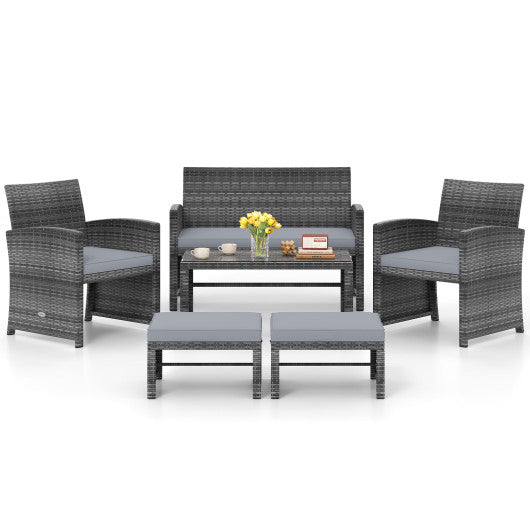 6 Pieces Patio Furniture Set Outdoor Sectional Conversation PE Rattan Sofa Set-Gray