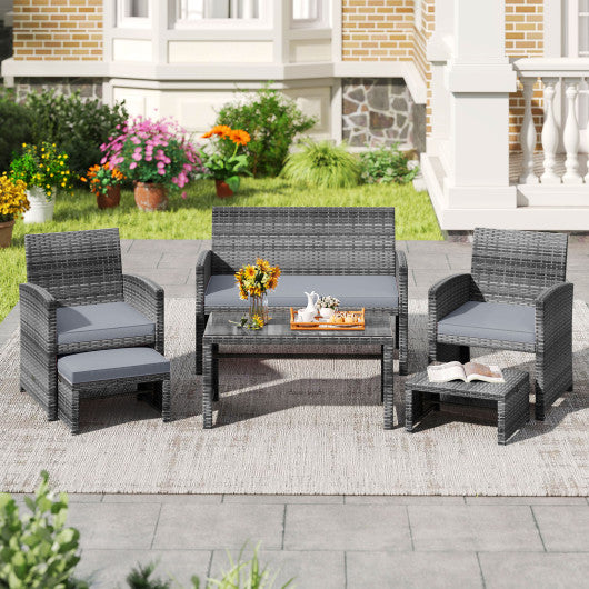 6 Pieces Patio Furniture Set Outdoor Sectional Conversation PE Rattan Sofa Set-Gray