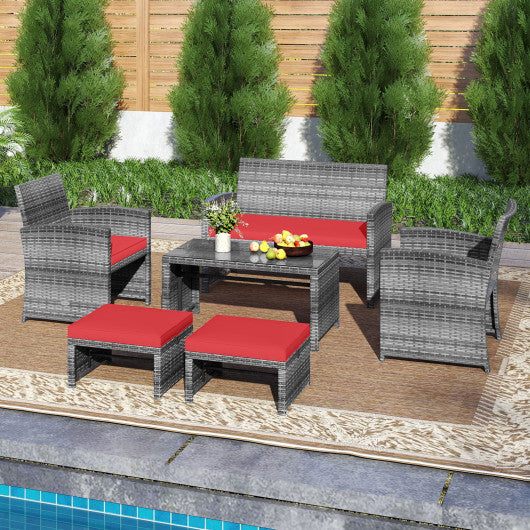 6 Pieces Patio Furniture Set Outdoor Sectional Conversation PE Rattan Sofa Set-Red