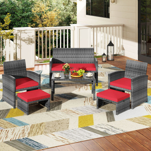6 Pieces Patio Furniture Set Outdoor Sectional Conversation PE Rattan Sofa Set-Red