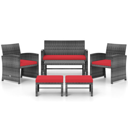 6 Pieces Patio Furniture Set Outdoor Sectional Conversation PE Rattan Sofa Set-Red