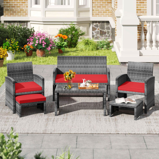 6 Pieces Patio Furniture Set Outdoor Sectional Conversation PE Rattan Sofa Set-Red