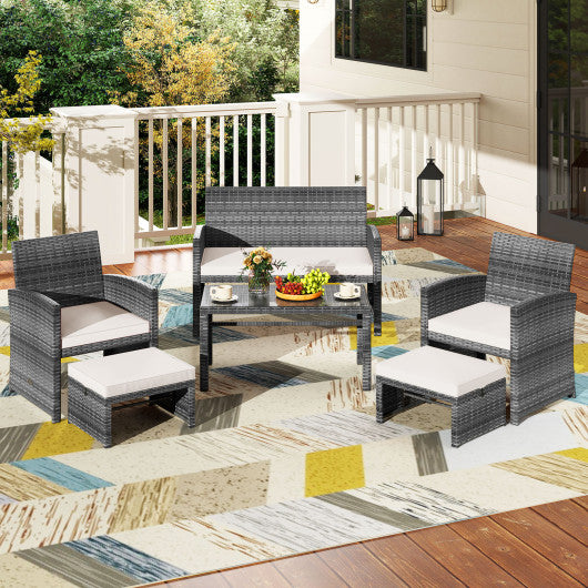 6 Pieces Patio Furniture Set Outdoor Sectional Conversation PE Rattan Sofa Set-White