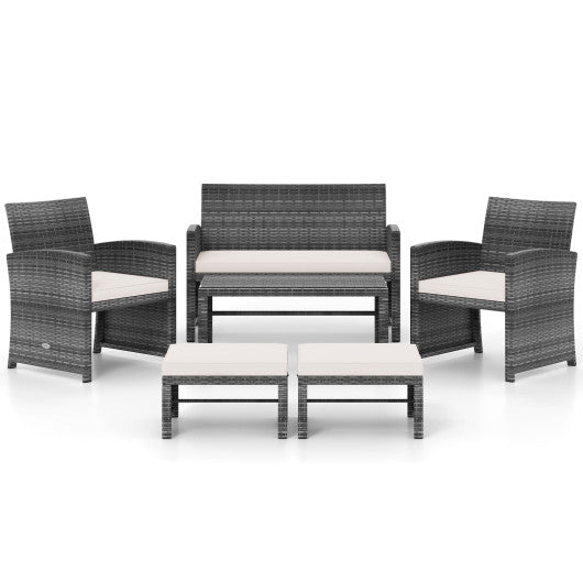 6 Pieces Patio Furniture Set Outdoor Sectional Conversation PE Rattan Sofa Set-White