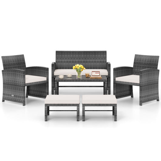 6 Pieces Patio Furniture Set Outdoor Sectional Conversation PE Rattan Sofa Set-White