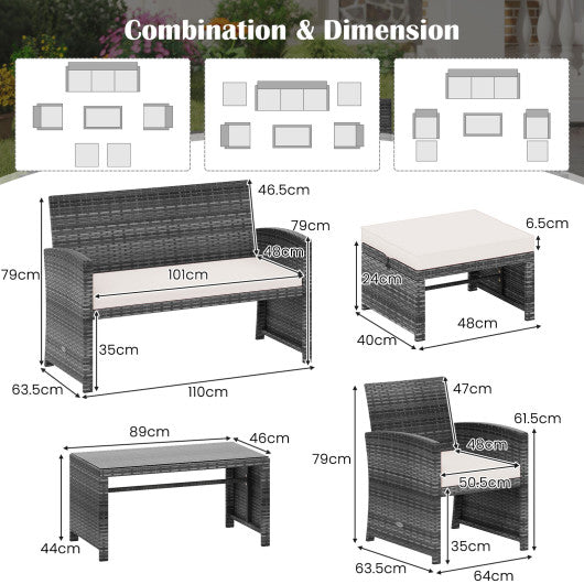 6 Pieces Patio Furniture Set Outdoor Sectional Conversation PE Rattan Sofa Set-White