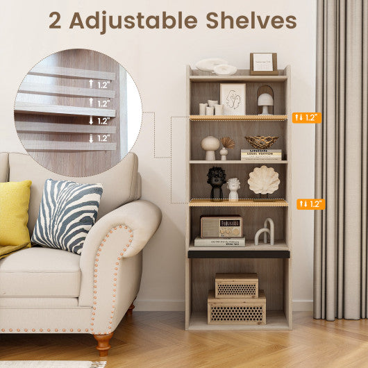 6-Tier Bookcase Freestanding Ladder Bookshelf with 2 Adjustable Shelves and Flip Up Door-Natural