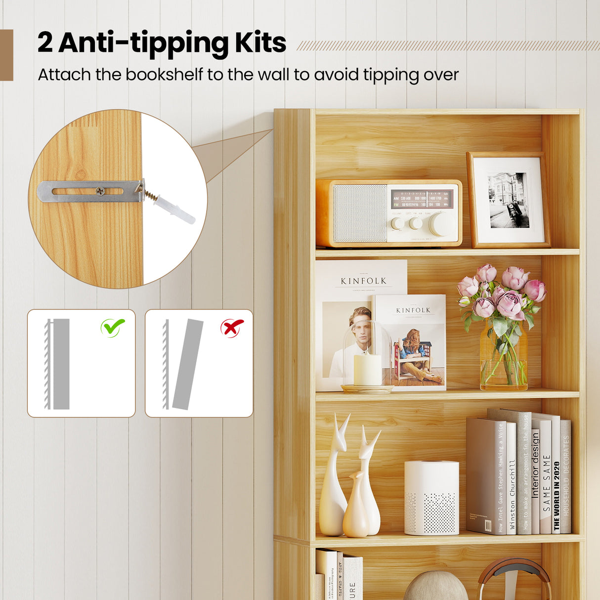 6-Tier Bookcase with 6 Open Shelves and Anti-Toppling Kits-Wood