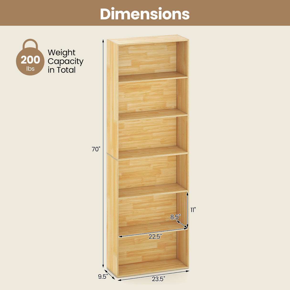 6-Tier Bookcase with 6 Open Shelves and Anti-Toppling Kits-Wood