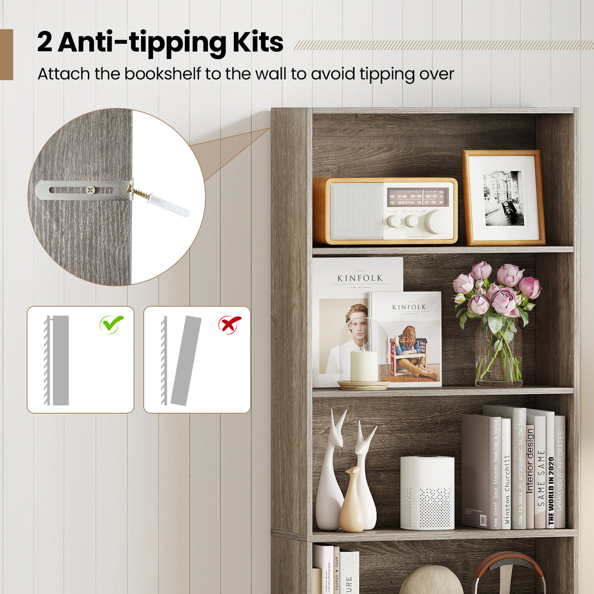 6-Tier Bookcase with 6 Open Shelves and Anti-Toppling Kits-Gray