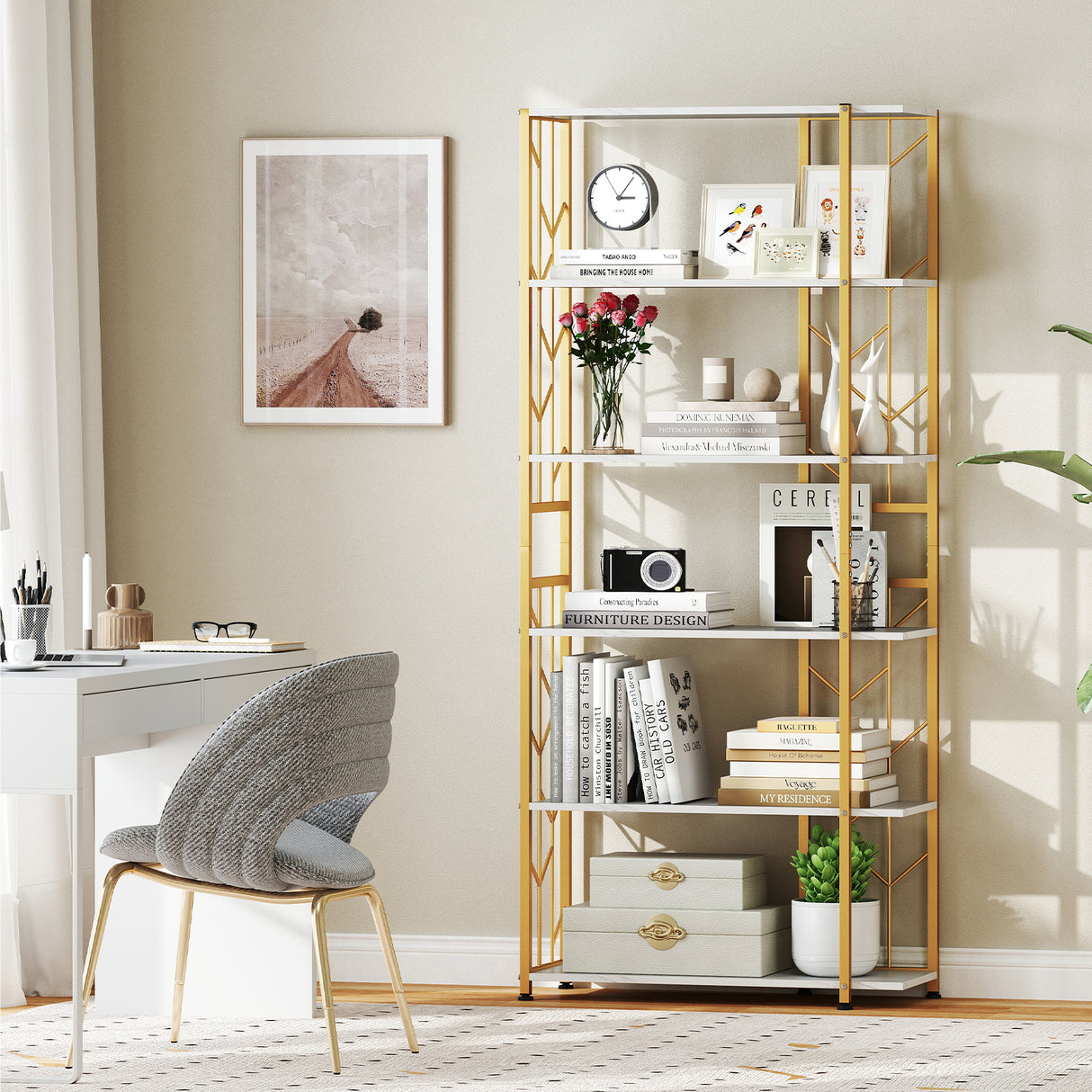 6-Tier Bookshelf Modern Geometric Bookcase with Heavy-duty Metal Frame and Anti-tipping Kits-White