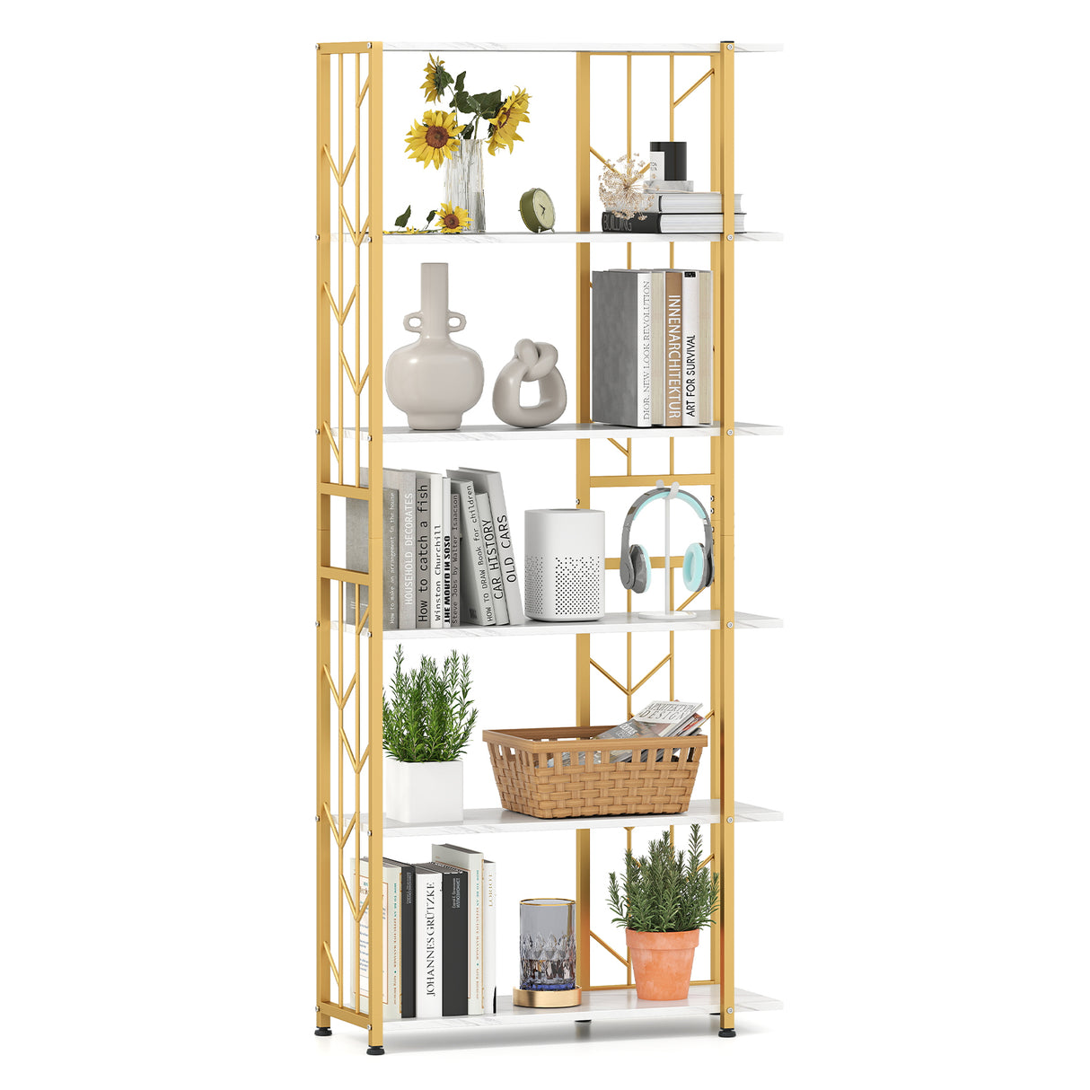 6-Tier Bookshelf Modern Geometric Bookcase with Heavy-duty Metal Frame and Anti-tipping Kits-White