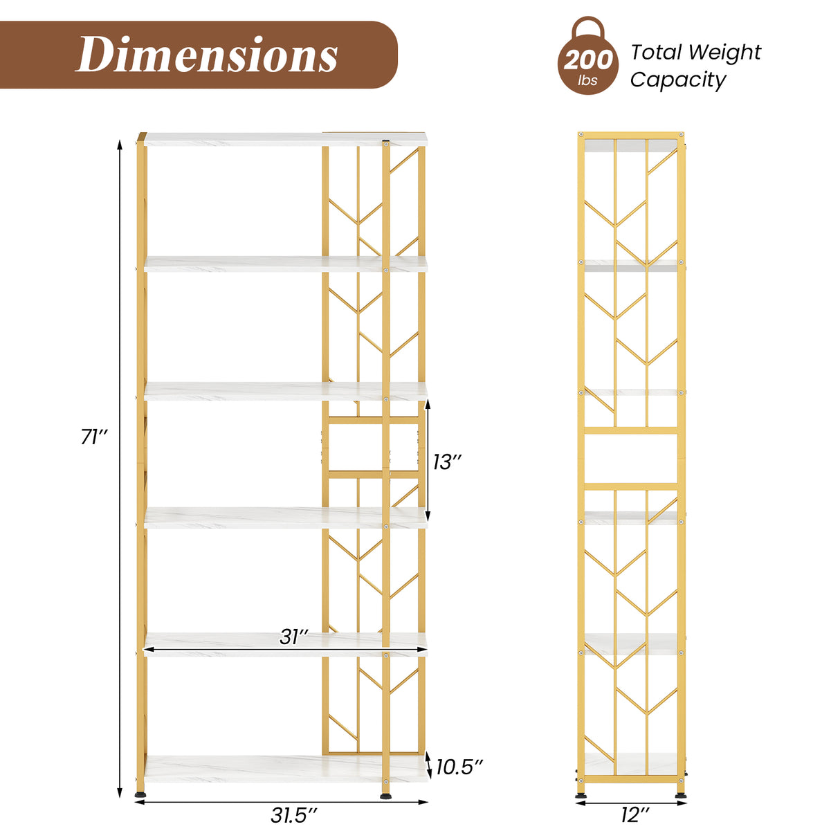 6-Tier Bookshelf Modern Geometric Bookcase with Heavy-duty Metal Frame and Anti-tipping Kits-White