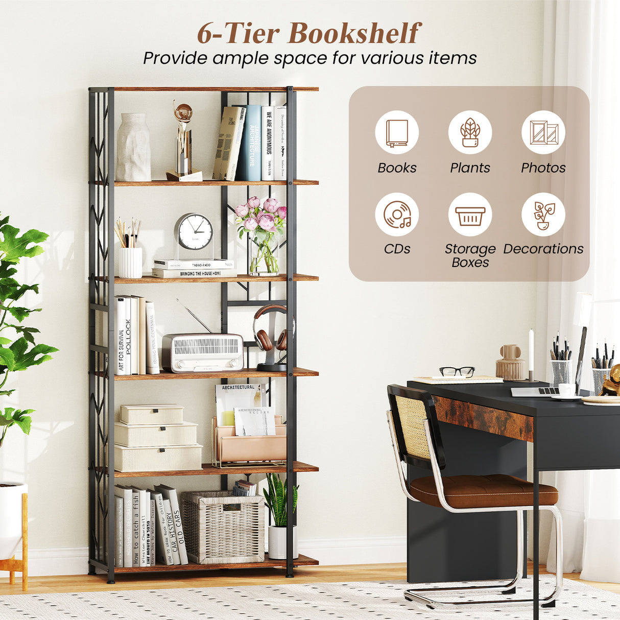6-Tier Bookshelf Modern Geometric Bookcase with Heavy-duty Metal Frame and Anti-tipping Kits-Rustic Brown