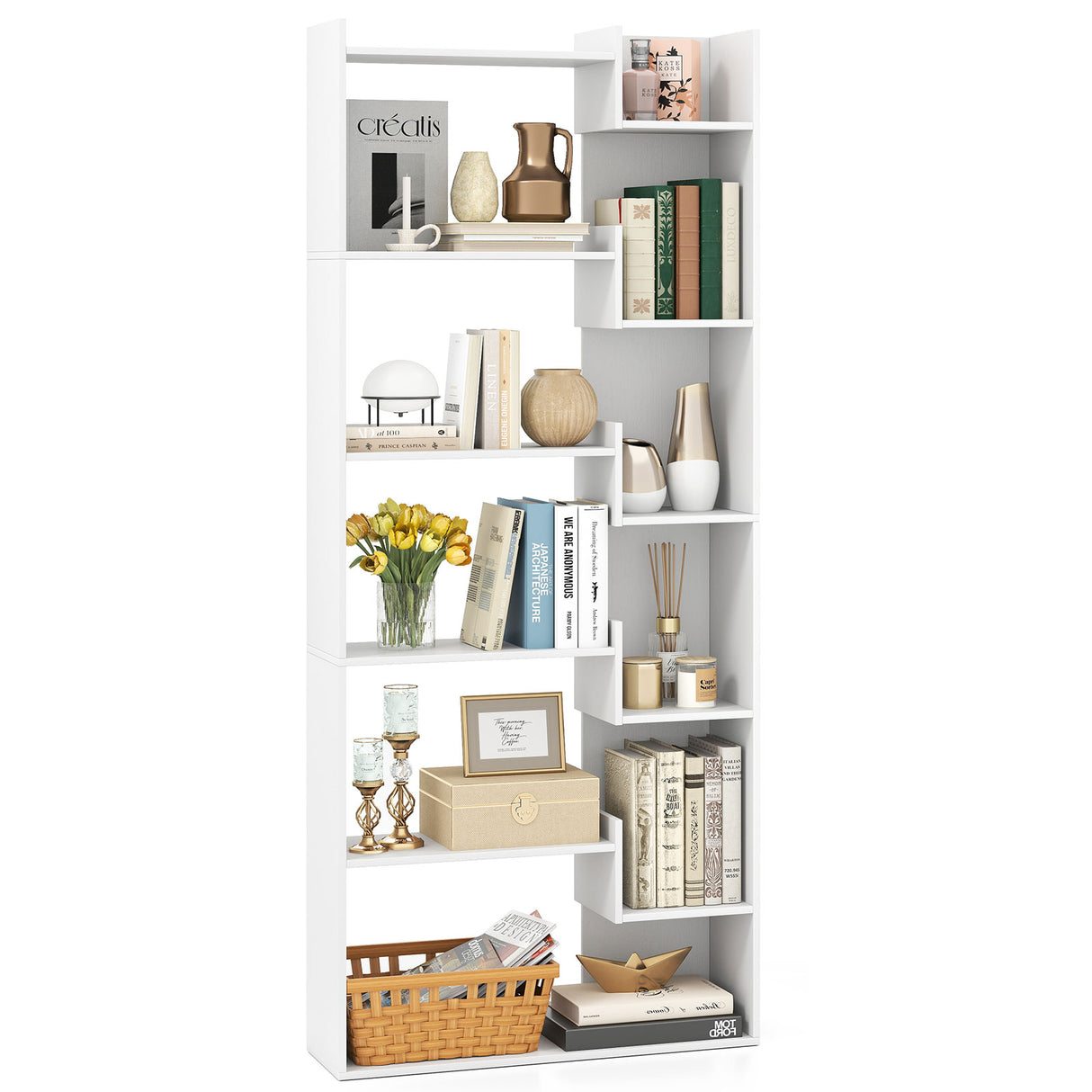 6-Tier Bookshelf Wooden Bookcase with 2 Anti-Tipping Kits Open Display Shelf-White