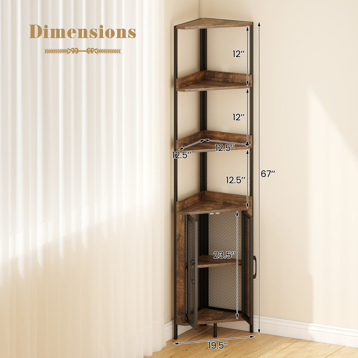 6-Tier Corner Shelf 67 Inches Tall Corner Bookshelf with Cabinet Industrial Bookcase-Brown