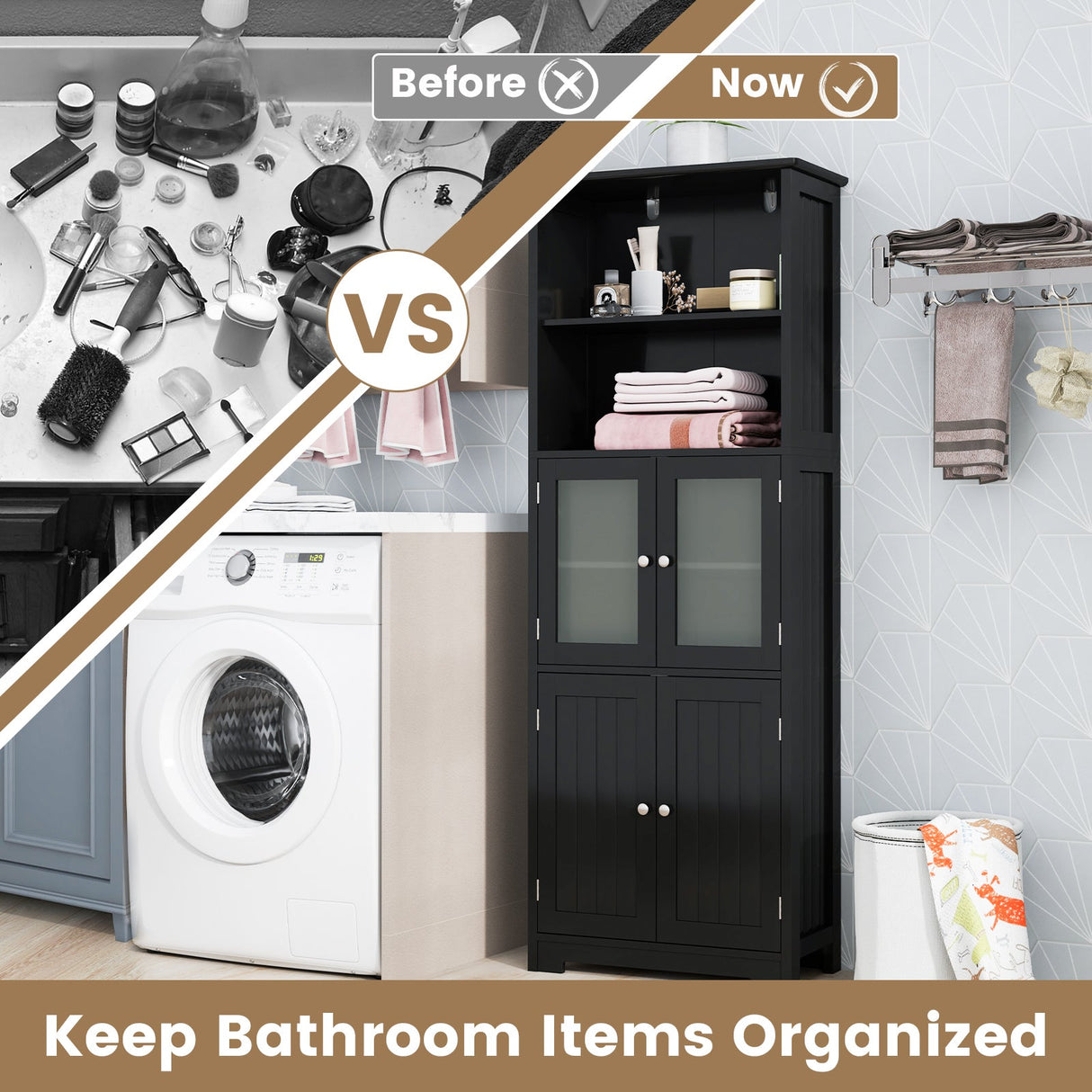 6-Tier Freestanding Bathroom Cabinet with 2 Open Compartments and Adjustable Shelves-Black