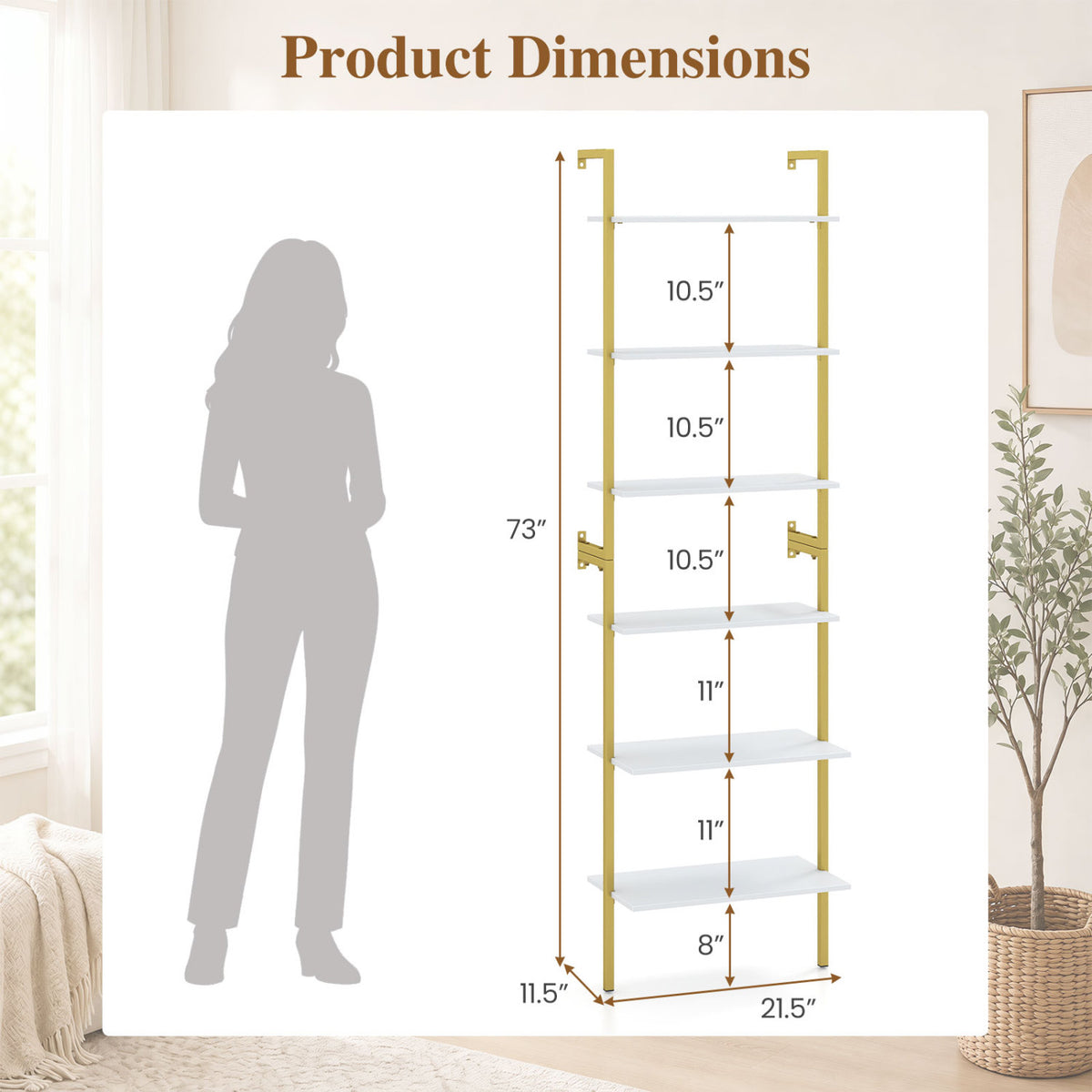 6-Tier Freestanding ladder Storage bookshelf with Metal Frame for Study and Pantry-White
